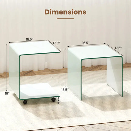 C-Shaped End Table Modern Tempered Glass Side Table with Shelf-White - White - End & Side Tables