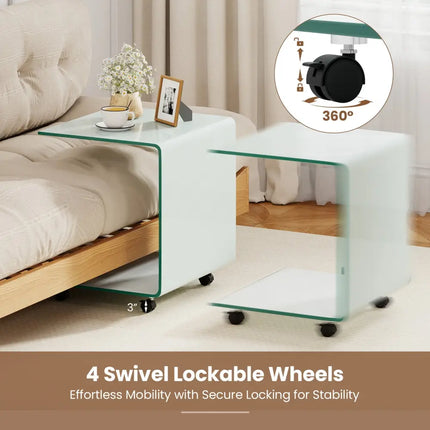 C-Shaped End Table Modern Tempered Glass Side Table with Shelf-White - White - End & Side Tables