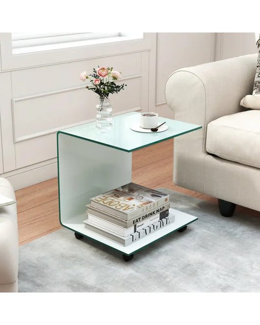 C-Shaped End Table Modern Tempered Glass Side Table with Shelf-White - White - End & Side Tables
