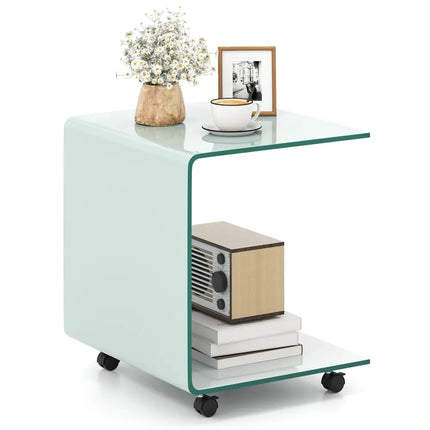 C-Shaped End Table Modern Tempered Glass Side Table with Shelf-White - White - End & Side Tables
