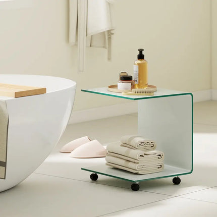 C-Shaped End Table Modern Tempered Glass Side Table with Shelf-White - White - End & Side Tables