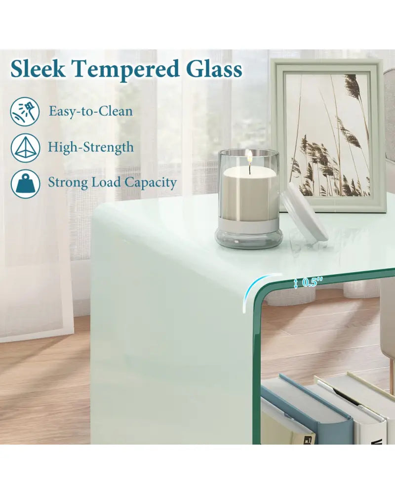 C-Shaped End Table Modern Tempered Glass Side Table with Shelf-White - White - End & Side Tables