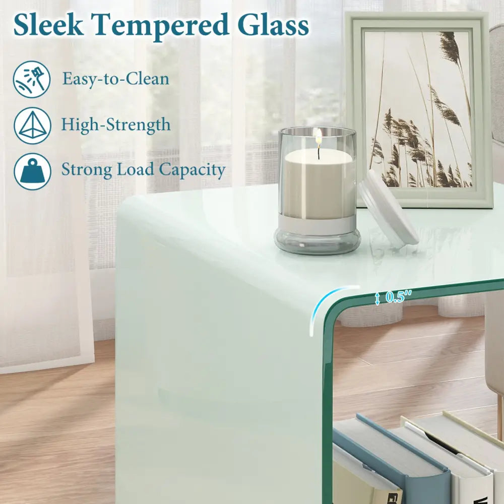 C-Shaped End Table Modern Tempered Glass Side Table with Shelf-White - White - End & Side Tables