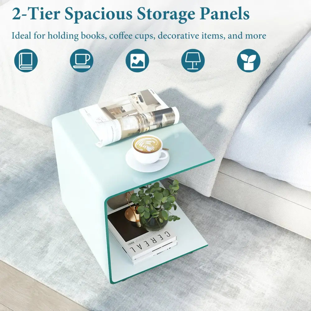 C-Shaped End Table Modern Tempered Glass Side Table with Shelf-White - White - End & Side Tables