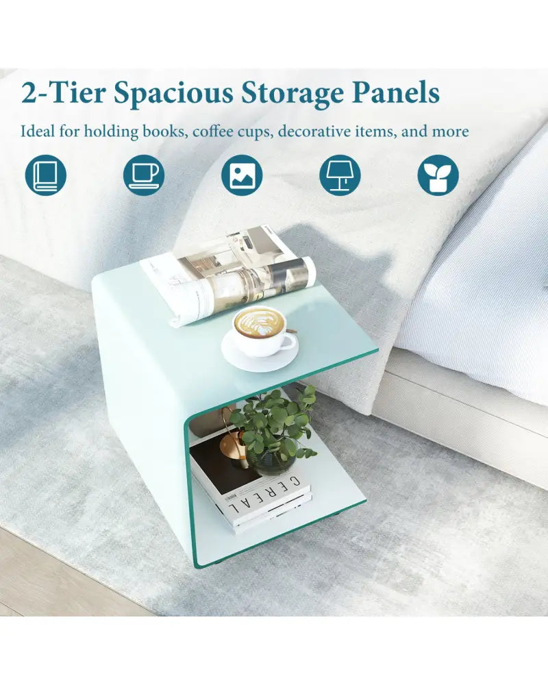 C-Shaped End Table Modern Tempered Glass Side Table with Shelf-White - White - End & Side Tables