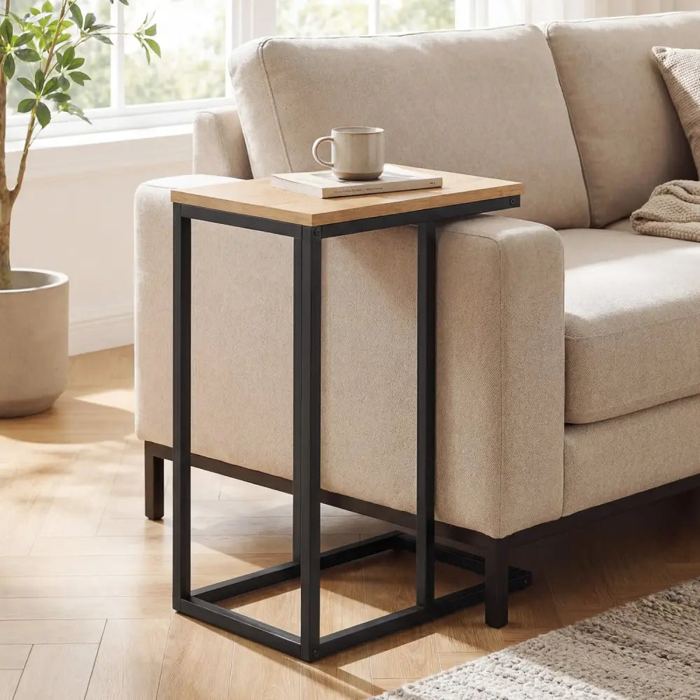 C-Shaped End Table Small Side Table with Sturdy Metal Frame-Natural - Natural - End & Side Tables
