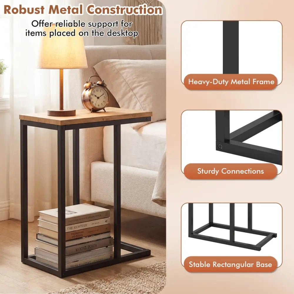 C-Shaped End Table Small Side Table with Sturdy Metal Frame-Natural - Natural - End & Side Tables
