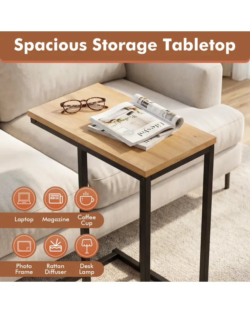 C-Shaped End Table Small Side Table with Sturdy Metal Frame-Natural - Natural - End & Side Tables