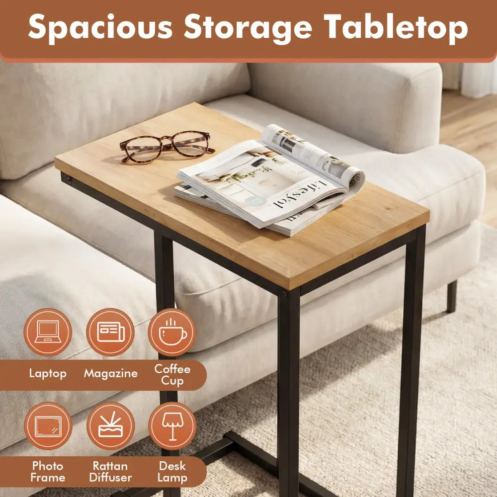 C-Shaped End Table Small Side Table with Sturdy Metal Frame-Natural - Natural - End & Side Tables