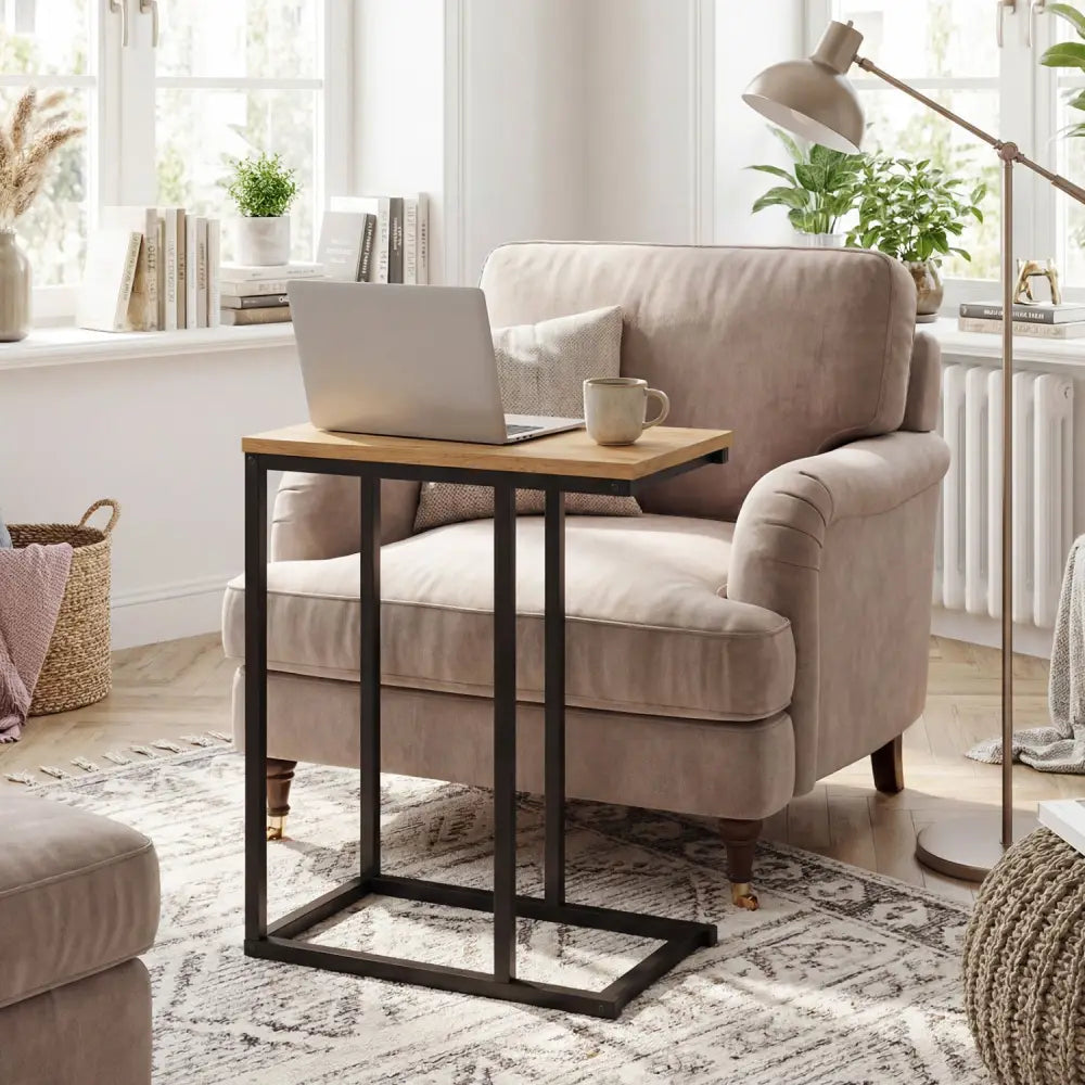 C-Shaped End Table Small Side Table with Sturdy Metal Frame-Natural - Natural - End & Side Tables