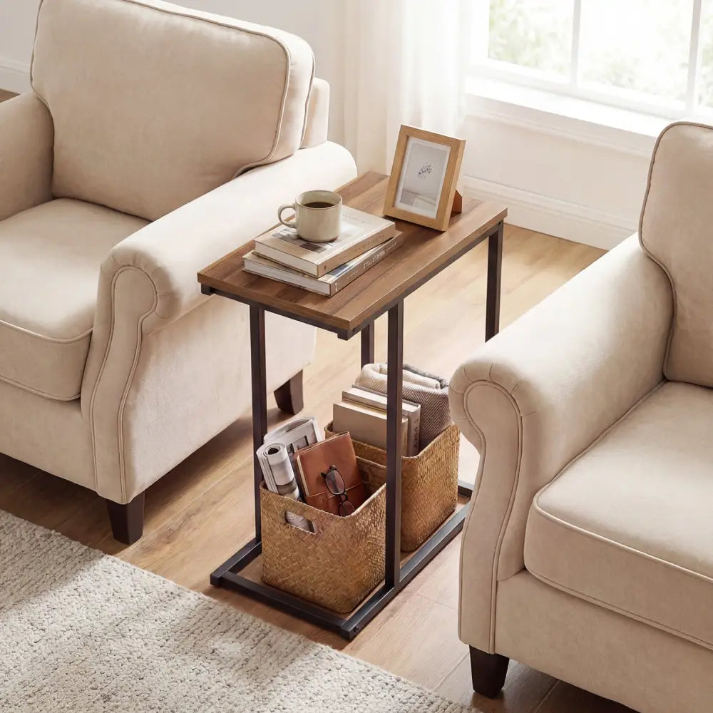 C-Shaped End Table Small Side Table with Sturdy Metal Frame-Walnut - Walnut - End & Side Tables