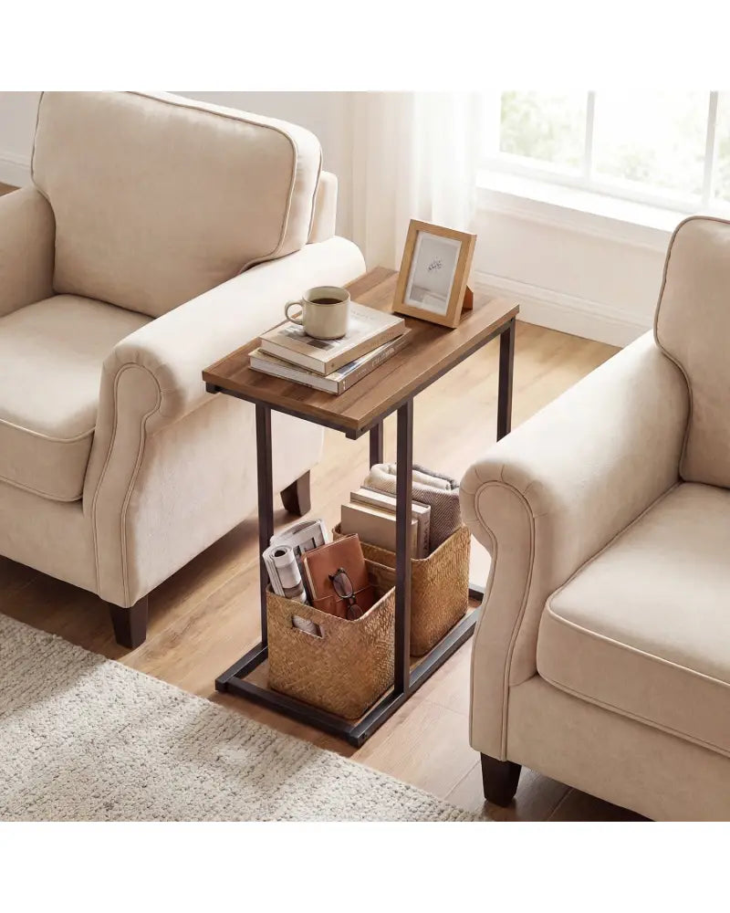 C-Shaped End Table Small Side Table with Sturdy Metal Frame-Walnut - Walnut - End & Side Tables