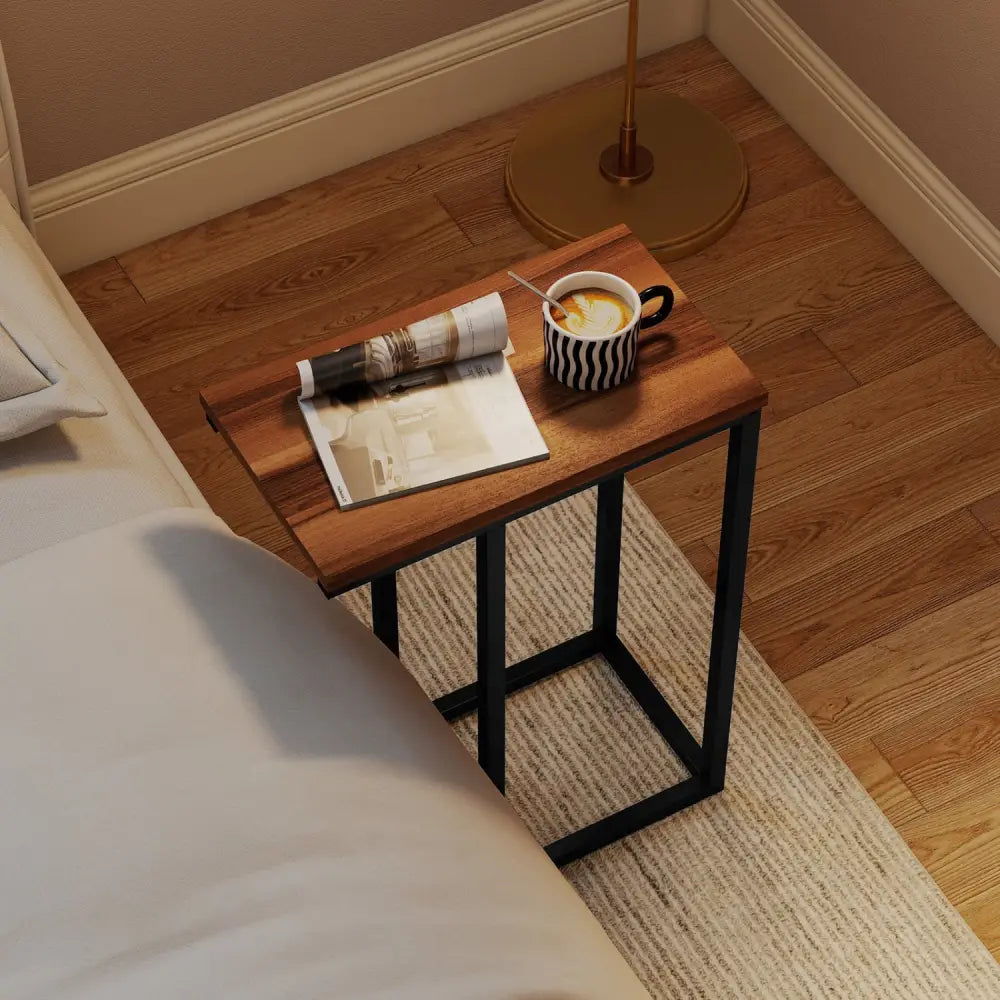 C-Shaped End Table Small Side Table with Sturdy Metal Frame-Walnut - Walnut - End & Side Tables