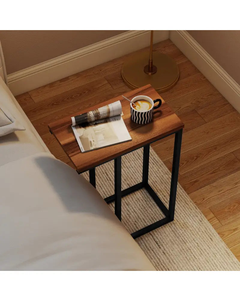C-Shaped End Table Small Side Table with Sturdy Metal Frame-Walnut - Walnut - End & Side Tables