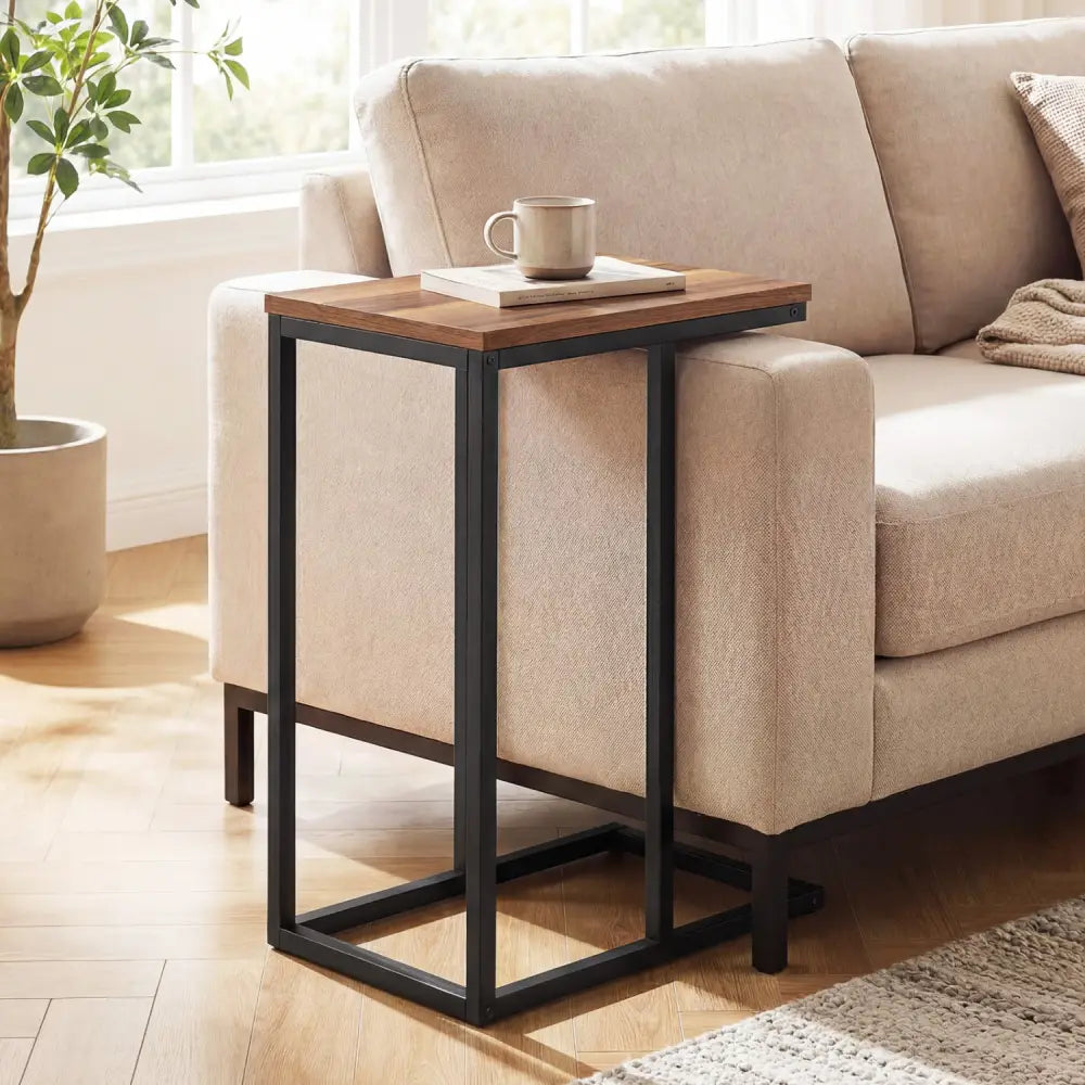 C-Shaped End Table Small Side Table with Sturdy Metal Frame-Walnut - Walnut - End & Side Tables