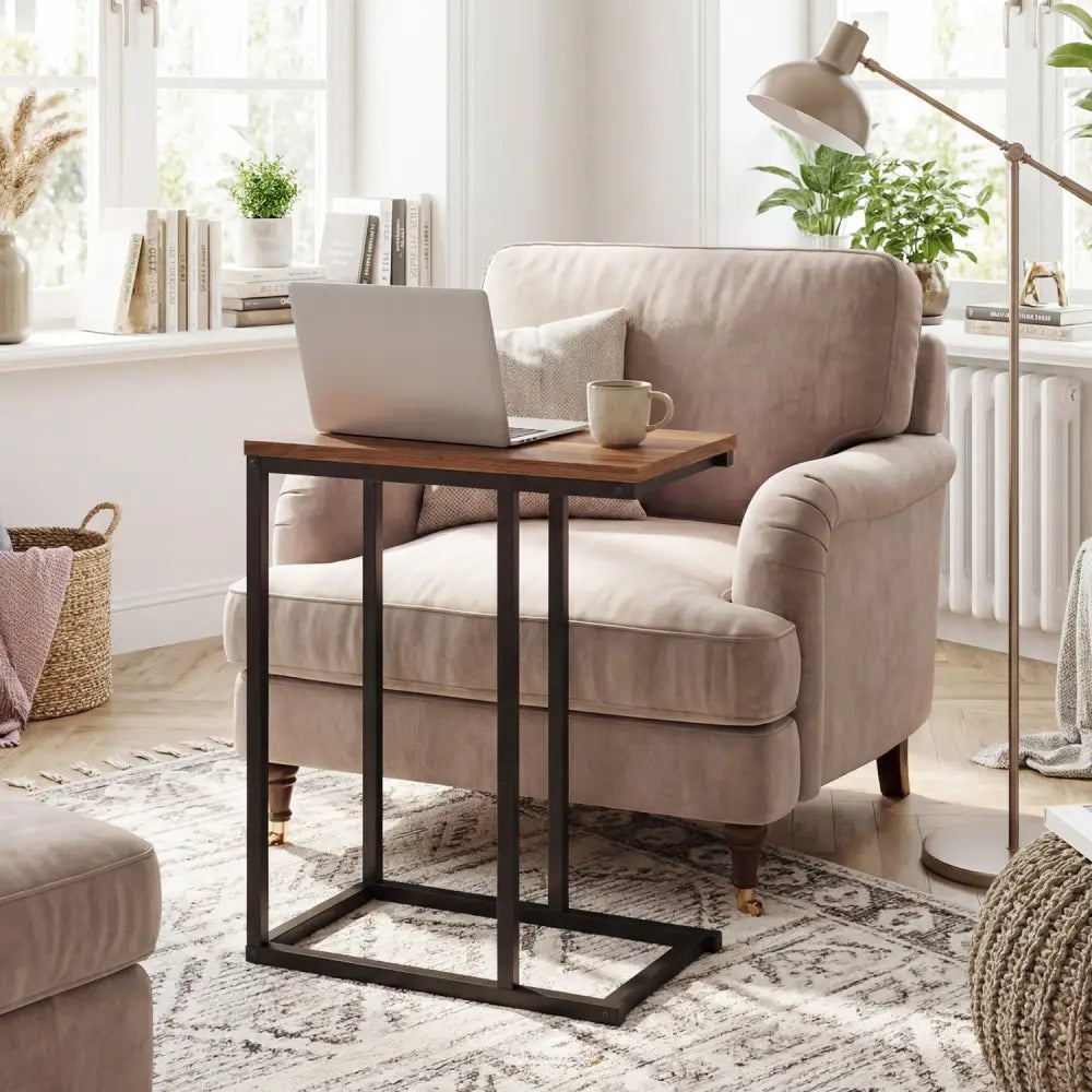 C-Shaped End Table Small Side Table with Sturdy Metal Frame-Walnut - Walnut - End & Side Tables