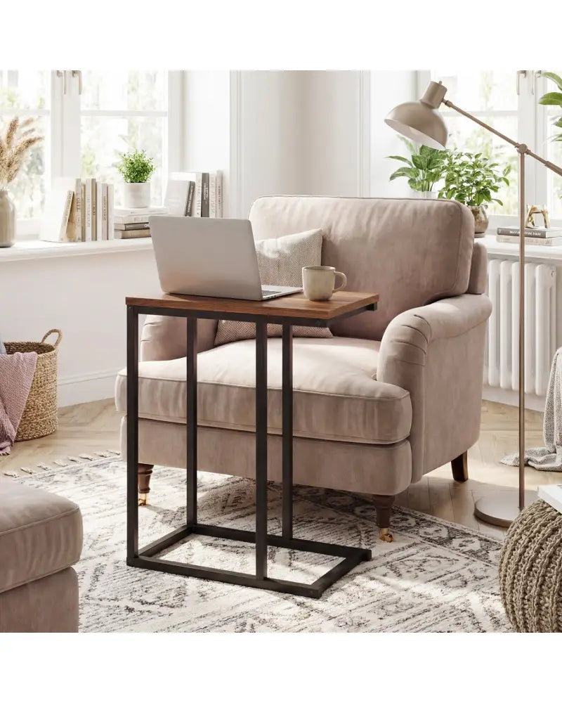 C-Shaped End Table Small Side Table with Sturdy Metal Frame-Walnut - Walnut - End & Side Tables