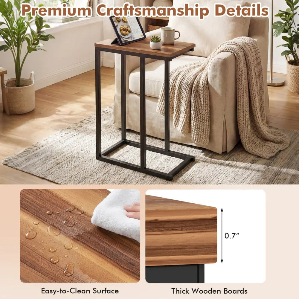 C-Shaped End Table Small Side Table with Sturdy Metal Frame-Walnut - Walnut - End & Side Tables