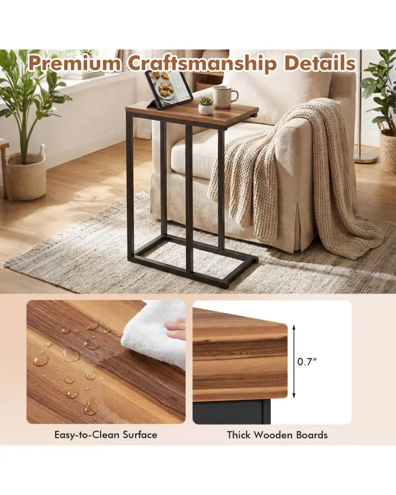 C-Shaped End Table Small Side Table with Sturdy Metal Frame-Walnut - Walnut - End & Side Tables