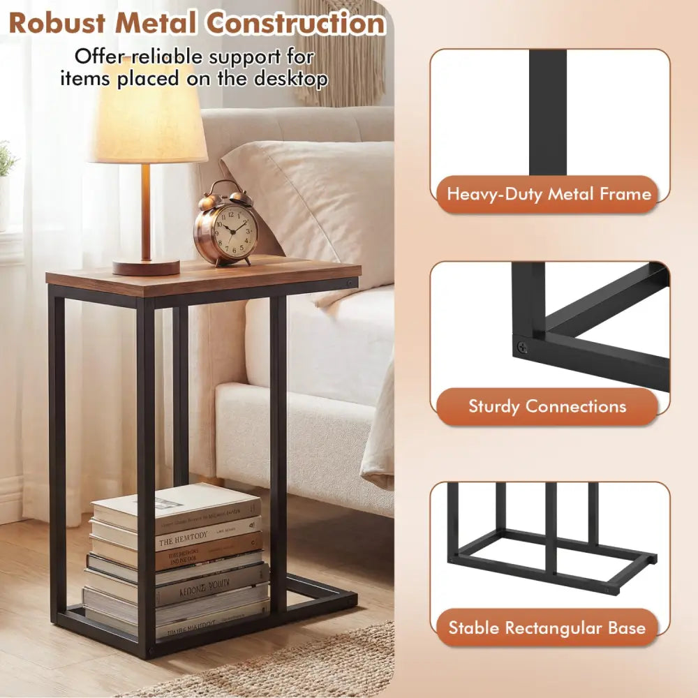 C-Shaped End Table Small Side Table with Sturdy Metal Frame-Walnut - Walnut - End & Side Tables