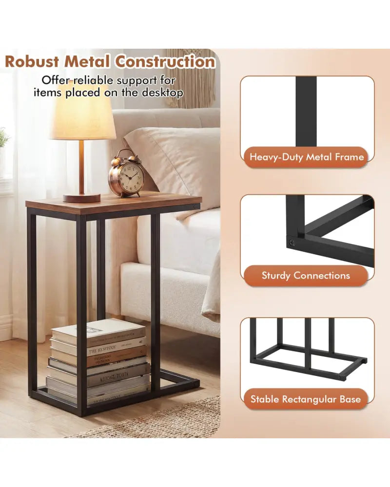 C-Shaped End Table Small Side Table with Sturdy Metal Frame-Walnut - Walnut - End & Side Tables