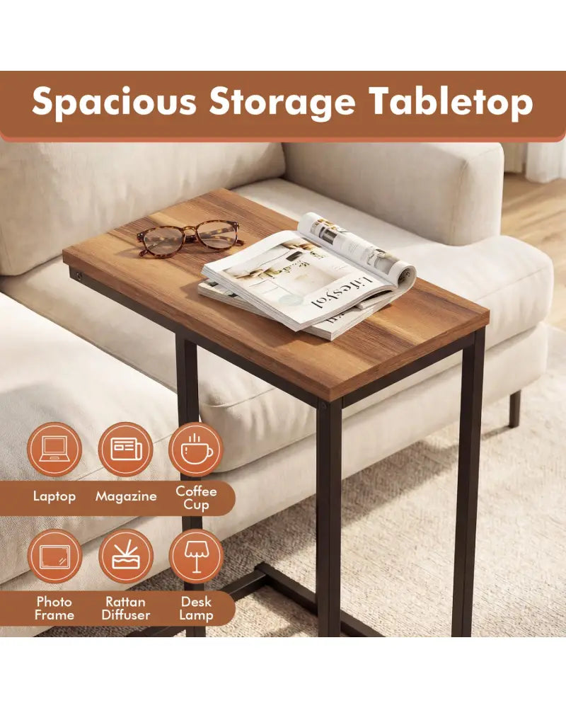 C-Shaped End Table Small Side Table with Sturdy Metal Frame-Walnut - Walnut - End & Side Tables