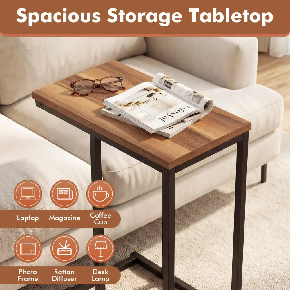 C-Shaped End Table Small Side Table with Sturdy Metal Frame-Walnut - Walnut - End & Side Tables