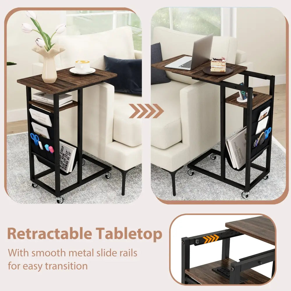 C-shaped End Table with Charging Station and Retractable Tabletop-Coffee - Coffee - End & Side Tables