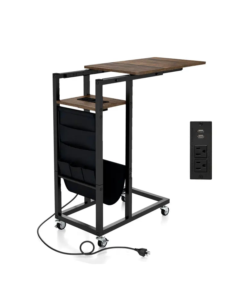 C-shaped End Table with Charging Station and Retractable Tabletop-Coffee - Coffee - End & Side Tables