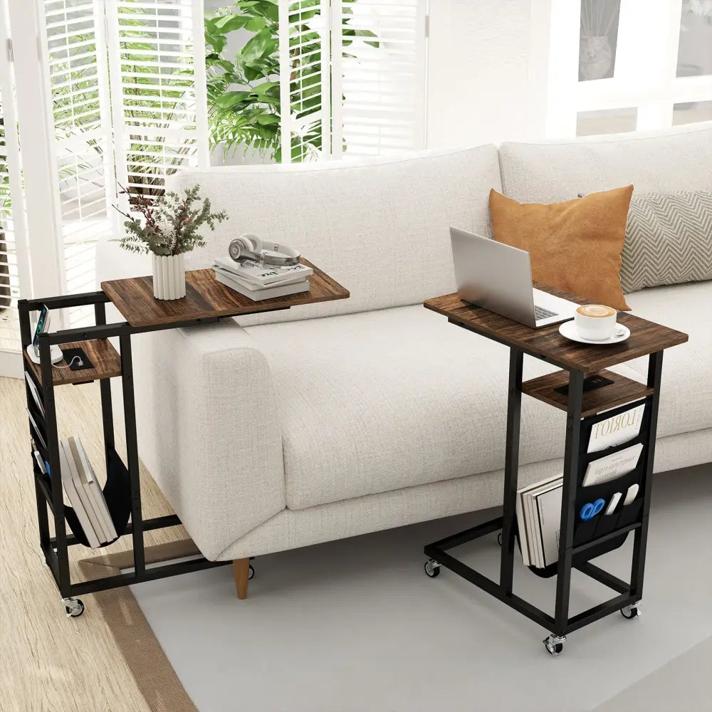 C-shaped End Table with Charging Station and Retractable Tabletop-Coffee - Coffee - End & Side Tables