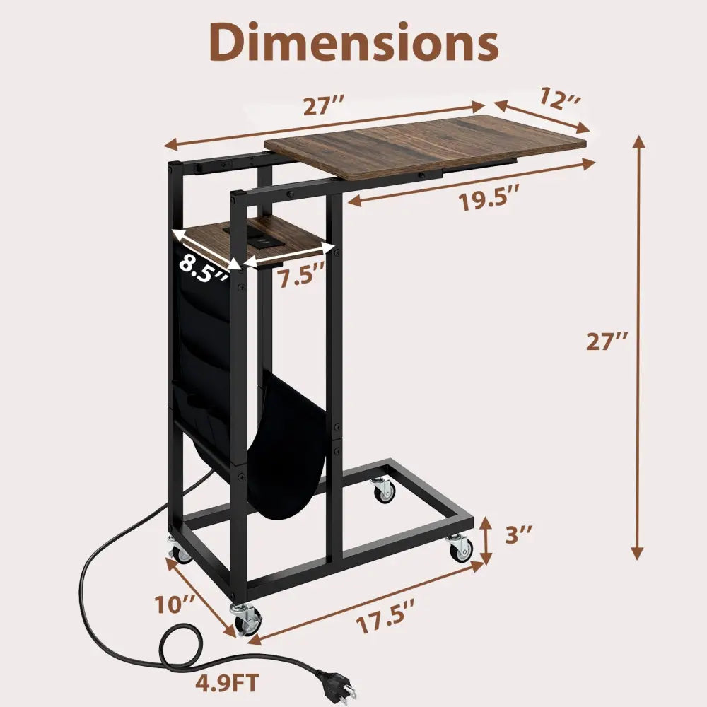 C-shaped End Table with Charging Station and Retractable Tabletop-Coffee - Coffee - End & Side Tables