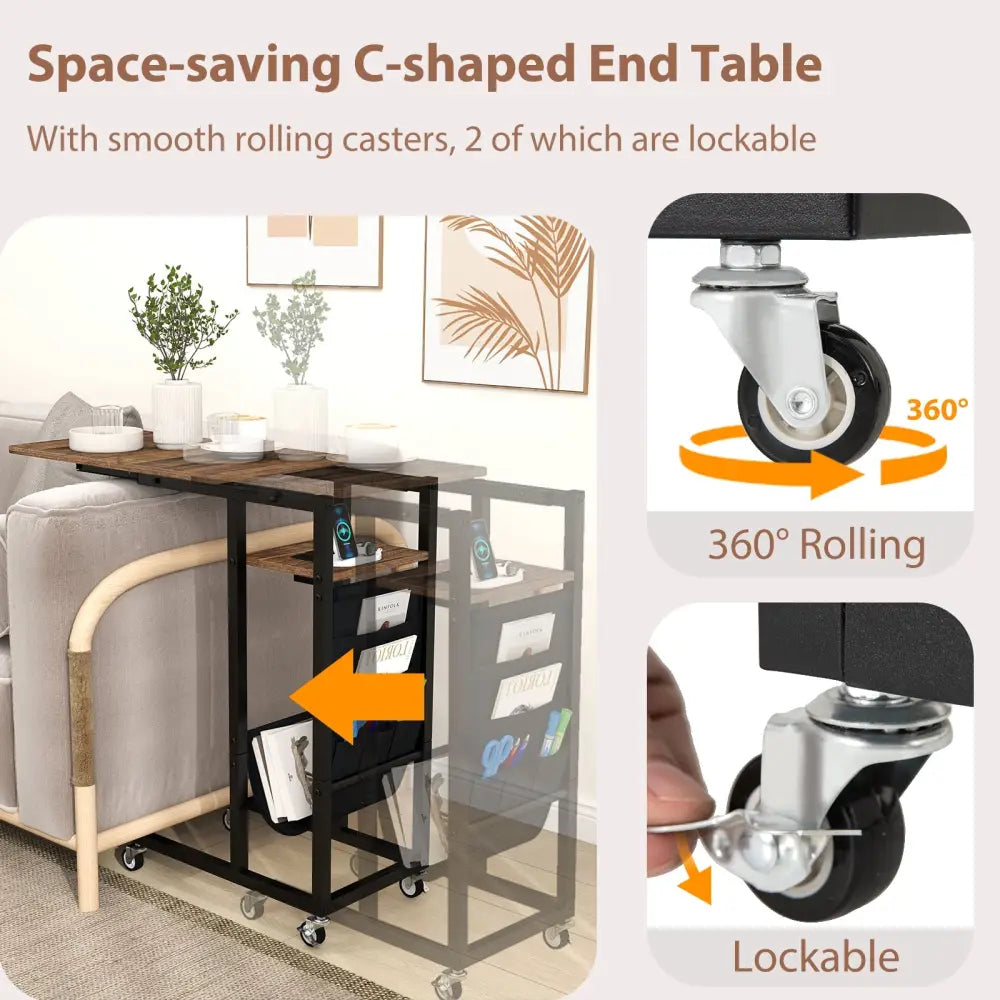 C-shaped End Table with Charging Station and Retractable Tabletop-Coffee - Coffee - End & Side Tables