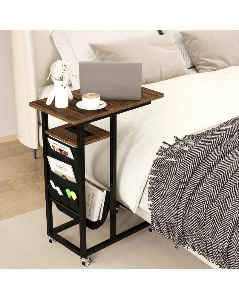 C-shaped End Table with Charging Station and Retractable Tabletop-Coffee - Coffee - End & Side Tables