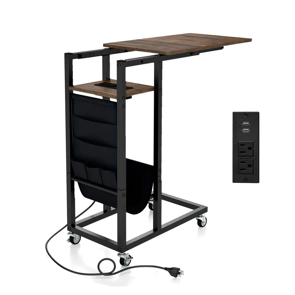 C-shaped End Table with Charging Station and Retractable Tabletop-Coffee - Coffee - End & Side Tables
