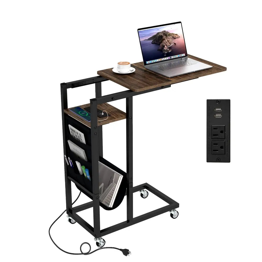 C-shaped End Table with Charging Station and Retractable Tabletop-Coffee - Coffee - End & Side Tables