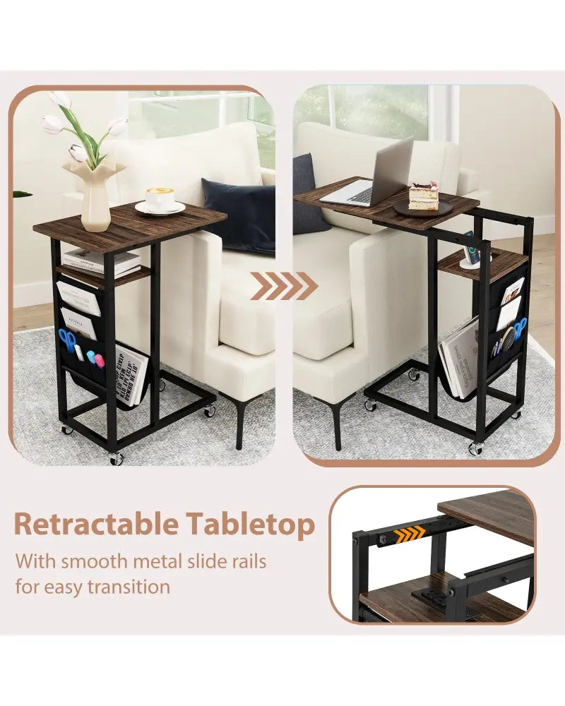 C-shaped End Table with Charging Station and Retractable Tabletop-Coffee - Coffee - End & Side Tables