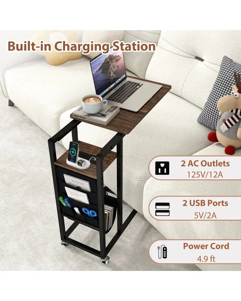 C-shaped End Table with Charging Station and Retractable Tabletop-Coffee - Coffee - End & Side Tables