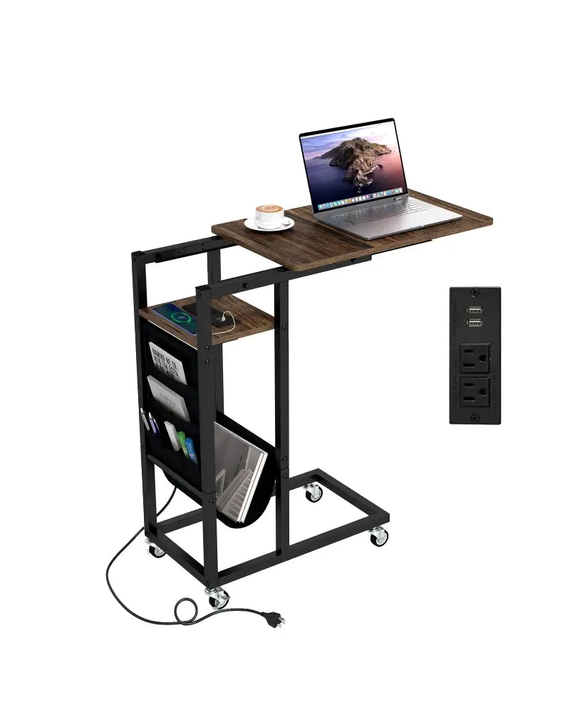 C-shaped End Table with Charging Station and Retractable Tabletop-Coffee - Coffee - End & Side Tables