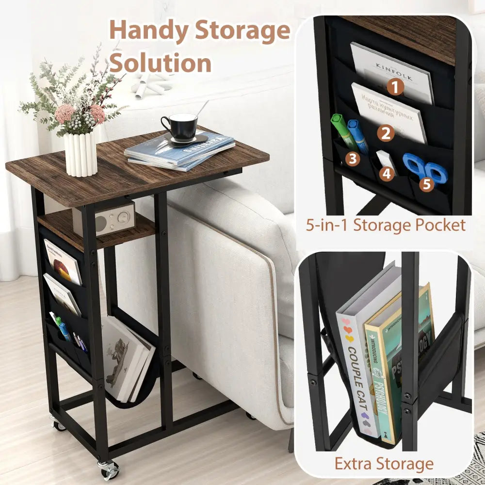 C-shaped End Table with Charging Station and Retractable Tabletop-Coffee - Coffee - End & Side Tables