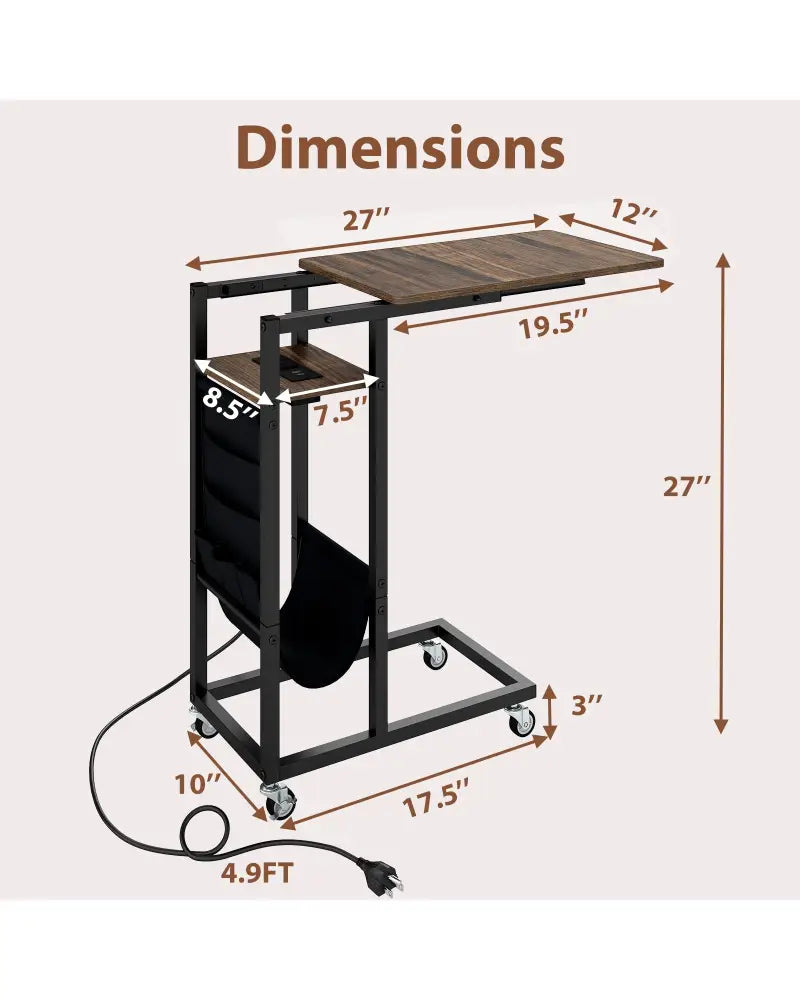 C-shaped End Table with Charging Station and Retractable Tabletop-Coffee - Coffee - End & Side Tables