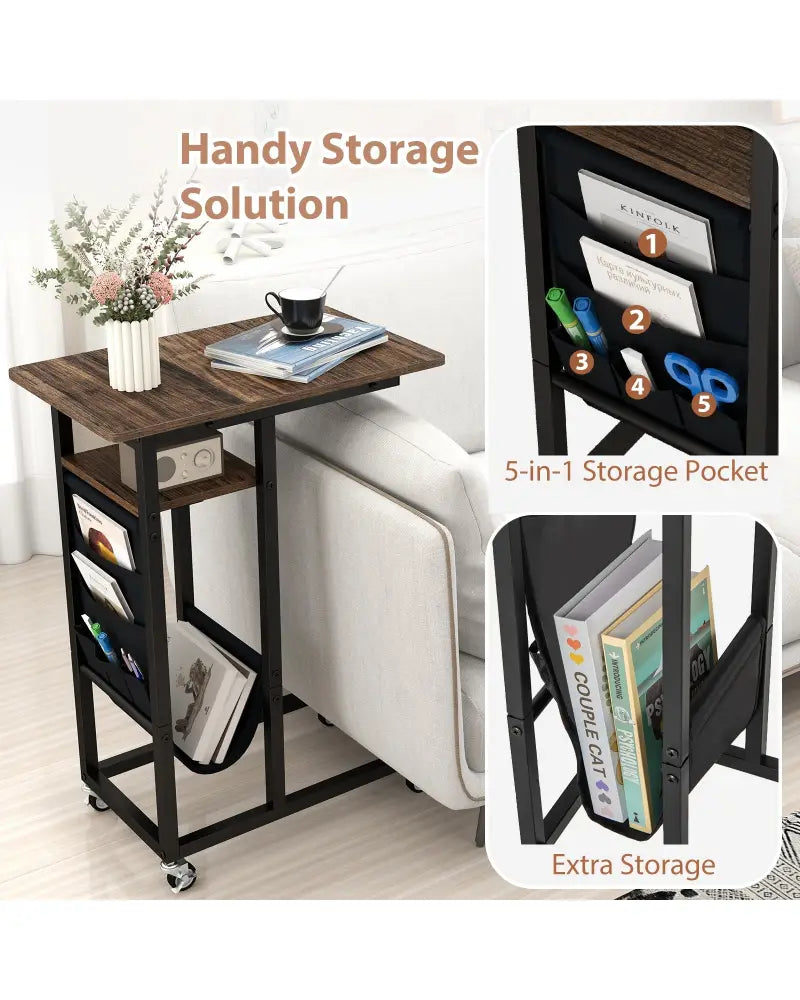 C-shaped End Table with Charging Station and Retractable Tabletop-Coffee - Coffee - End & Side Tables