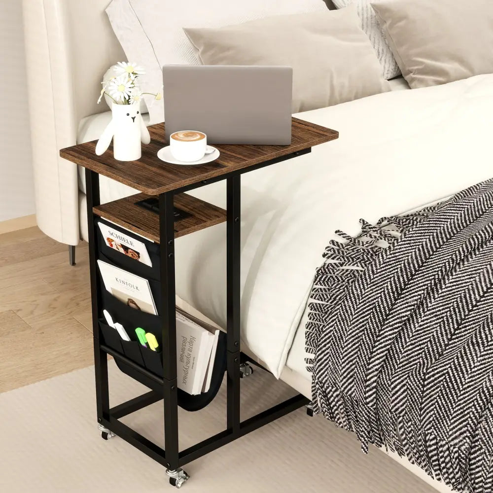 C-shaped End Table with Charging Station and Retractable Tabletop-Coffee - Coffee - End & Side Tables