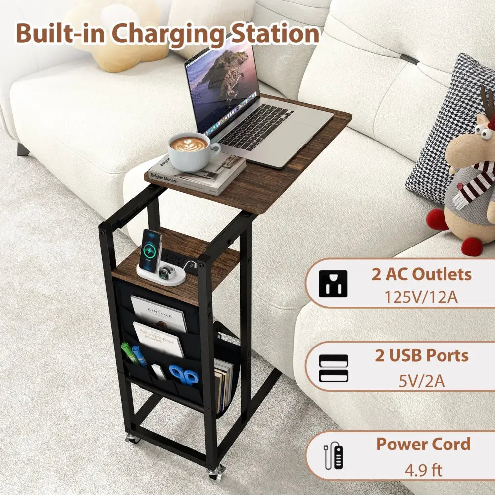 C-shaped End Table with Charging Station and Retractable Tabletop-Coffee - Coffee - End & Side Tables