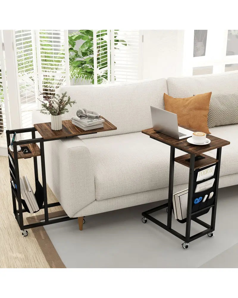 C-shaped End Table with Charging Station and Retractable Tabletop-Coffee - Coffee - End & Side Tables