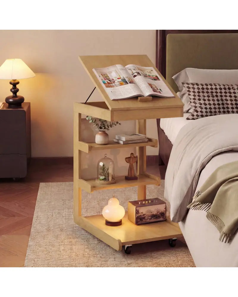 C-shaped End Table with Wheels and Adjustable Desktop for Sofa Couch Bedside-Natural - Natural - End & Side Tables
