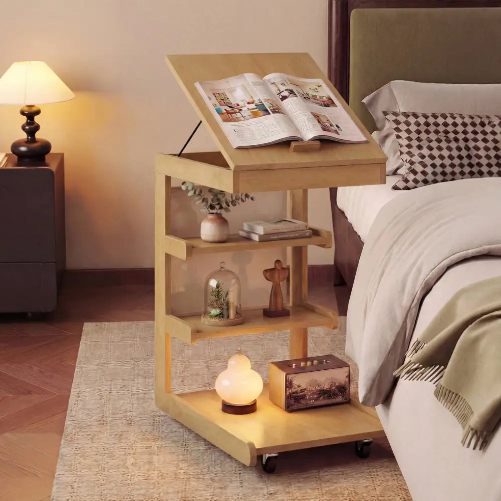 C-shaped End Table with Wheels and Adjustable Desktop for Sofa Couch Bedside-Natural - Natural - End & Side Tables