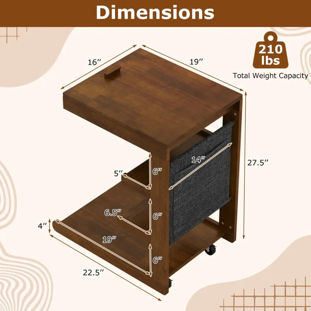 C-shaped End Table with Wheels and Adjustable Desktop for Sofa Couch Bedside-Brown - Brown - End & Side Tables