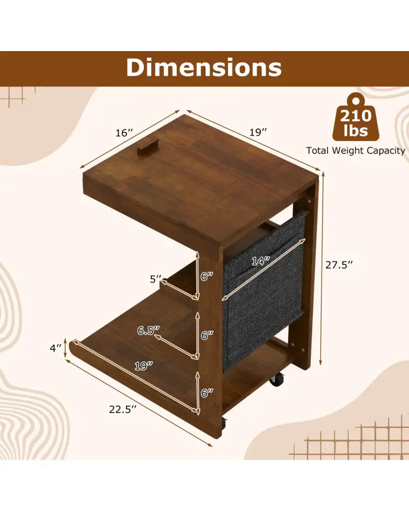 C-shaped End Table with Wheels and Adjustable Desktop for Sofa Couch Bedside-Brown - Brown - End & Side Tables
