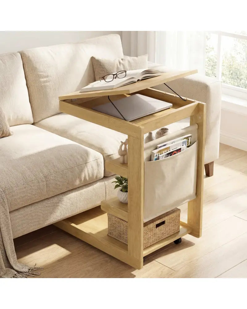 C-shaped End Table with Wheels and Adjustable Desktop for Sofa Couch Bedside-Natural - Natural - End & Side Tables