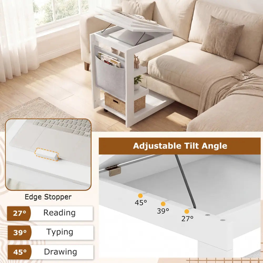 C-shaped End Table with Wheels and Adjustable Desktop for Sofa Couch Bedside-White - White - End & Side Tables